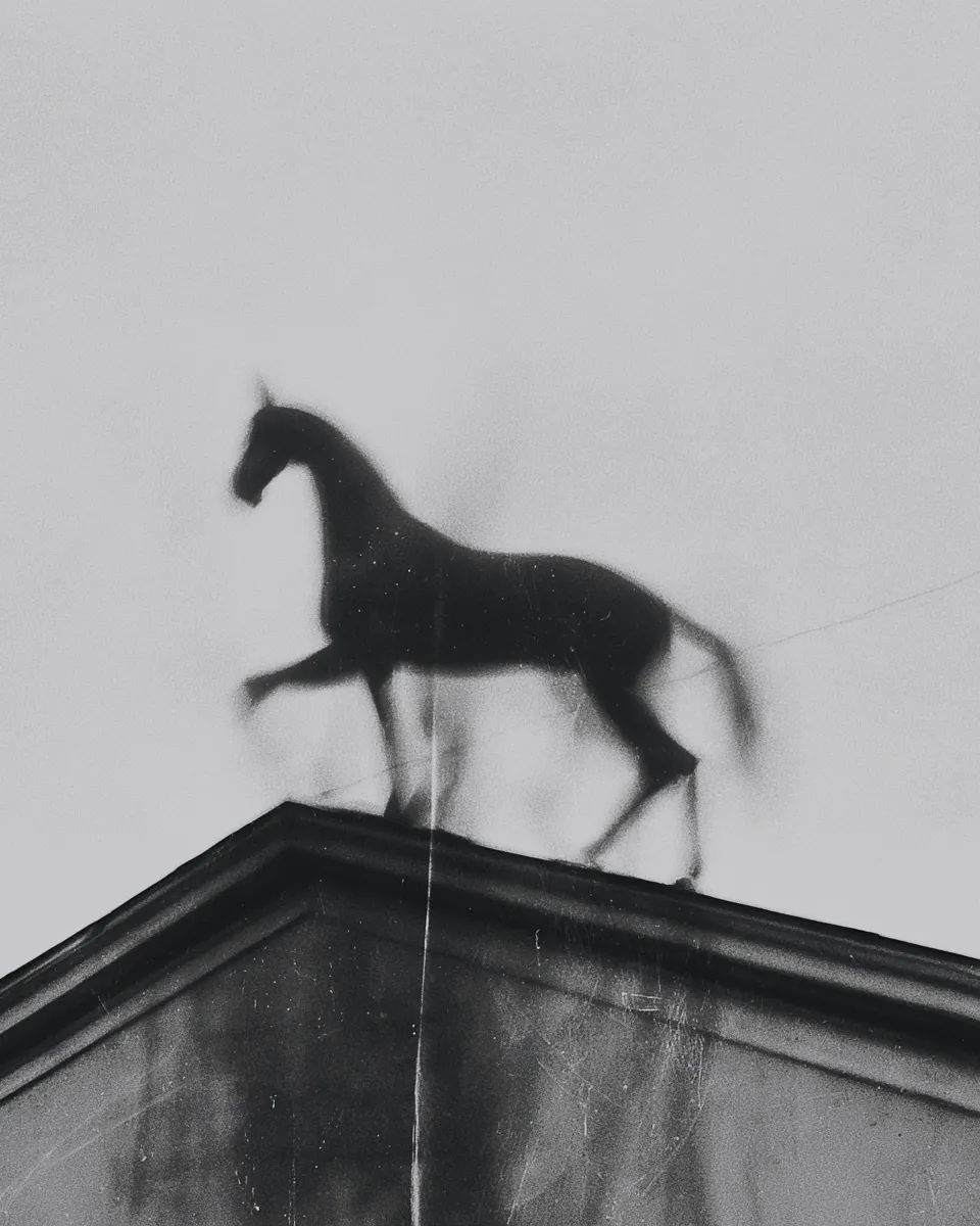 A horse sculpture stands on a rooftop ridge against a white sky.
