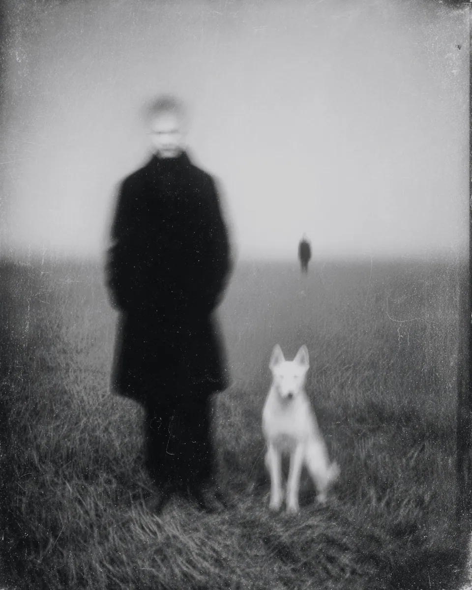 A man in a long black coat stands in a foggy field beside a white dog, a tiny figure far behind them.