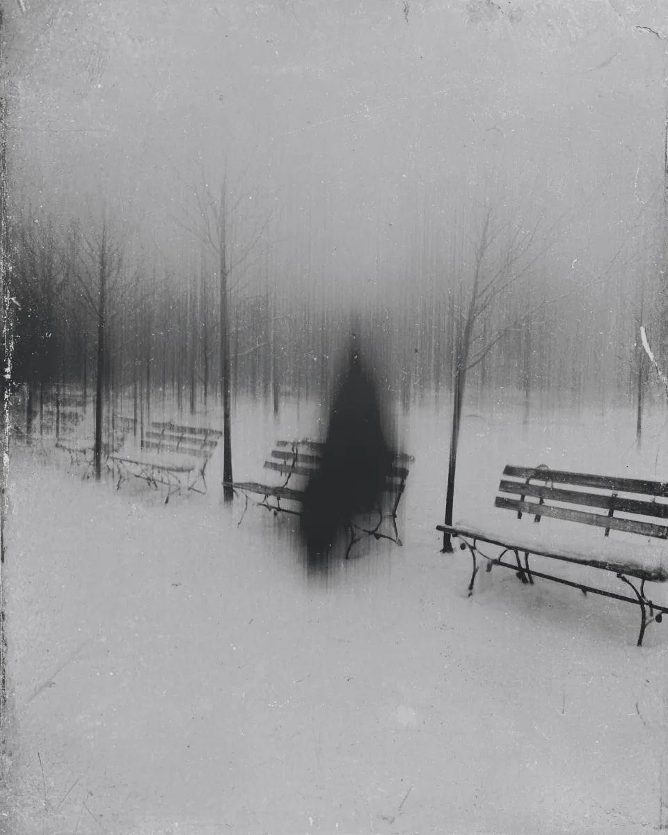 A dark blurred figure passes among snow-covered park benches under bare trees.