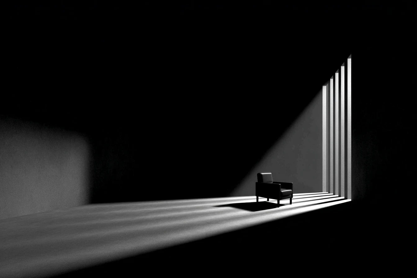 A lone armchair sits in a vast dark room, lit by narrow strips of light from tall vertical windows.
