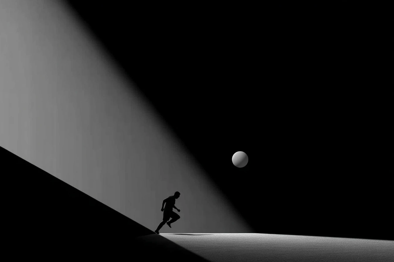 Silhouette of a sprinting figure pursuing a glowing white ball across a stark diagonal divide of light and shadow.