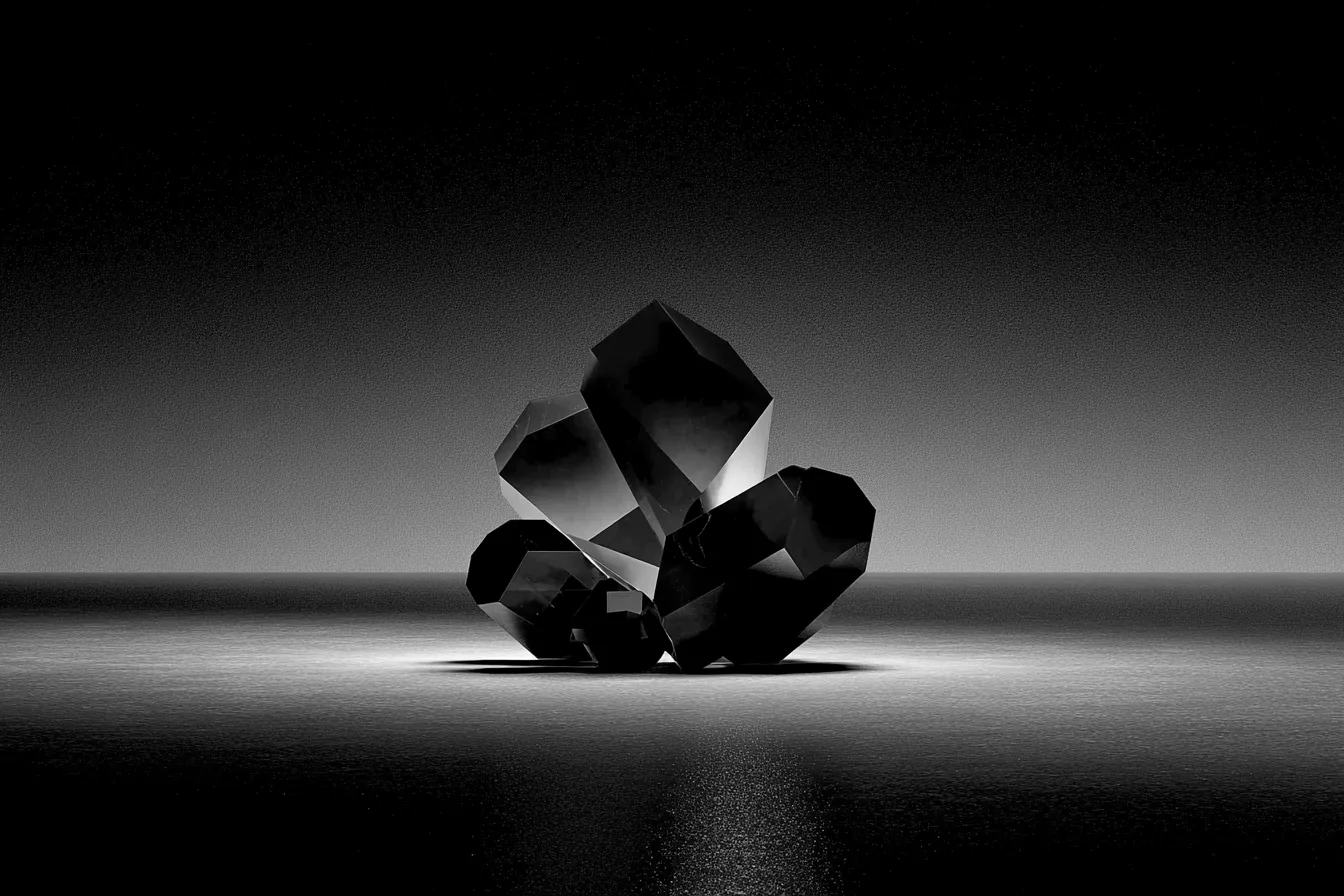 A cluster of faceted black geometric forms resembling an abstracted burger, lit from a single low source against a dark reflective floor.