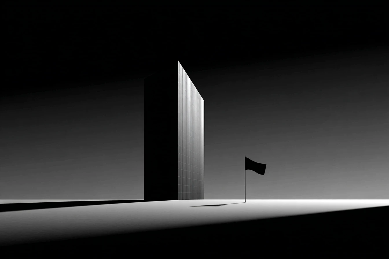 A tall angular skyscraper half in shadow stands beside a small flag on a starkly lit empty ground.