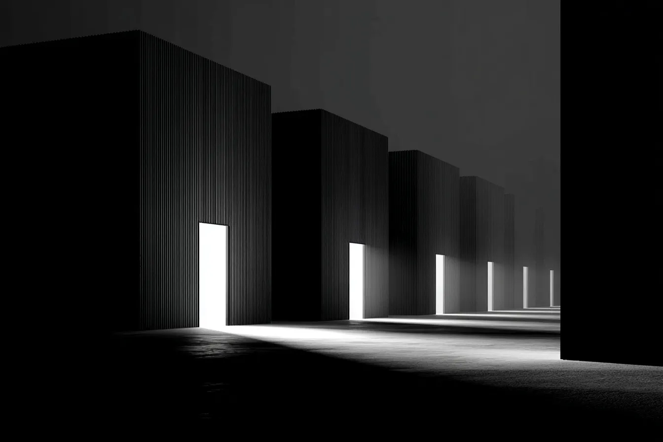 A row of dark ribbed monoliths receding into fog, each with a glowing rectangular doorway casting light across a concrete floor.