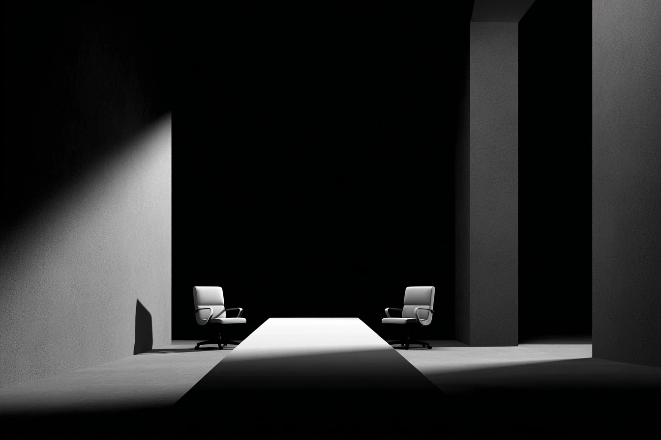 Two white office chairs face each other across a beam of light on a concrete floor between dark walls.