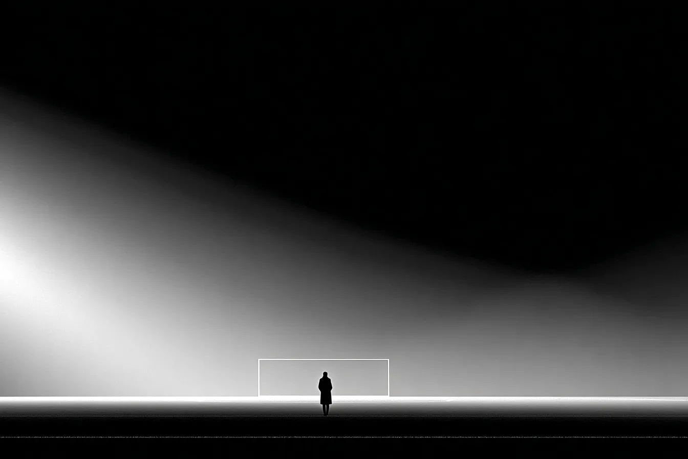 A silhouetted figure in a long coat stands on a dark empty pitch before a lit goal frame, a hard floodlight sweeping from the left.