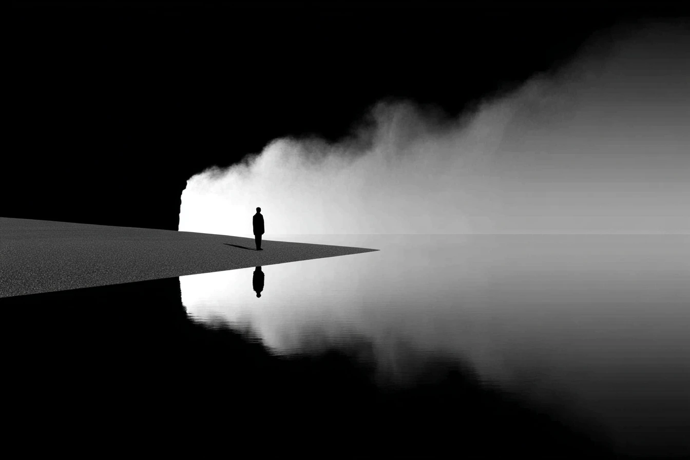 A lone silhouette stands at the edge of a narrow platform above still water, facing a billowing white mist.