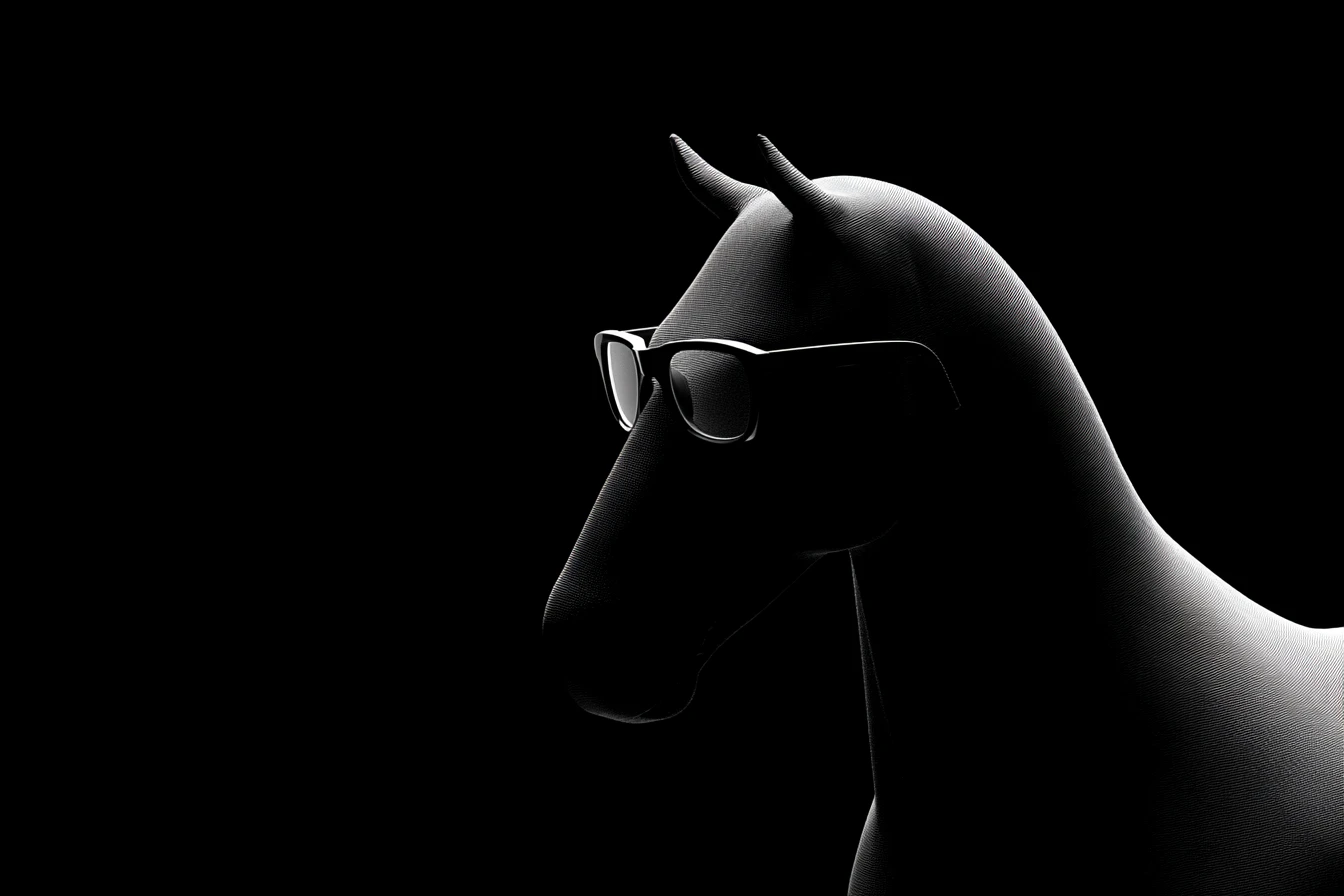 Close-up of a stylized bull sculpture wearing oversized sunglasses, lit dramatically against a pure black background.