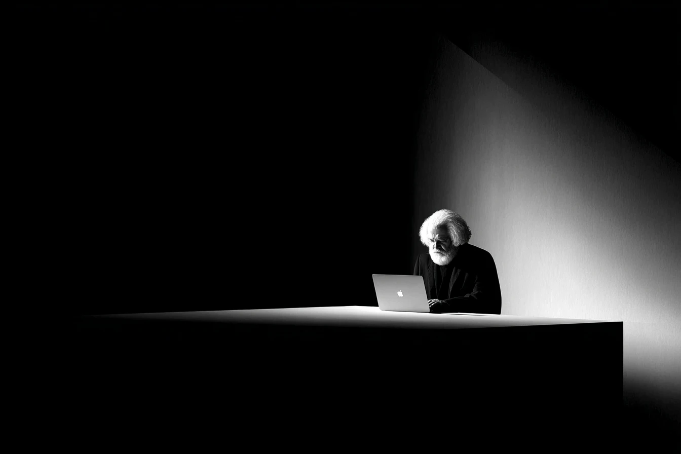 An elderly white-haired man works alone at a laptop on a dark table, lit by a single overhead beam of light.