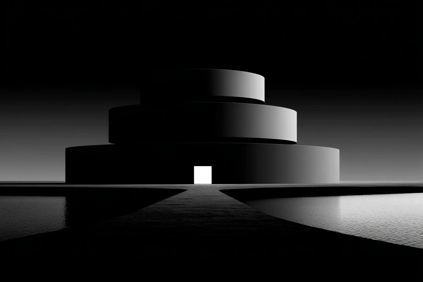A massive dark tiered cylindrical structure with a small glowing doorway at its base, reflected in water below.