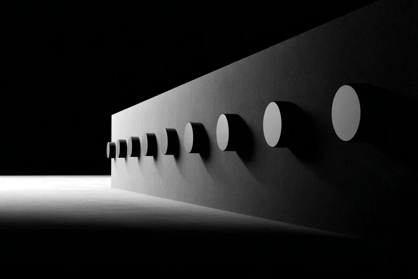 A row of cylindrical buttons gradually increasing in size, protruding from a concrete wall into a dark void, lit from below.