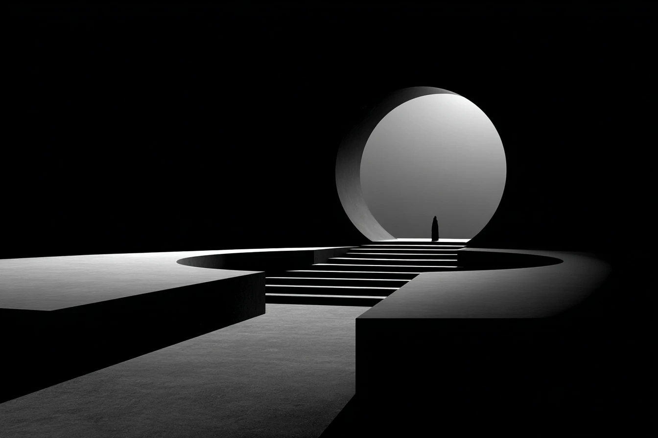 A lone cloaked figure stands before the first of three large circular archways receding into darkness, reflected in water.