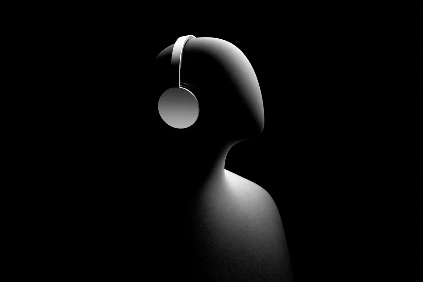 A dark abstract figure wearing large over-ear headphones, lit from below to highlight the headphone cup against black.