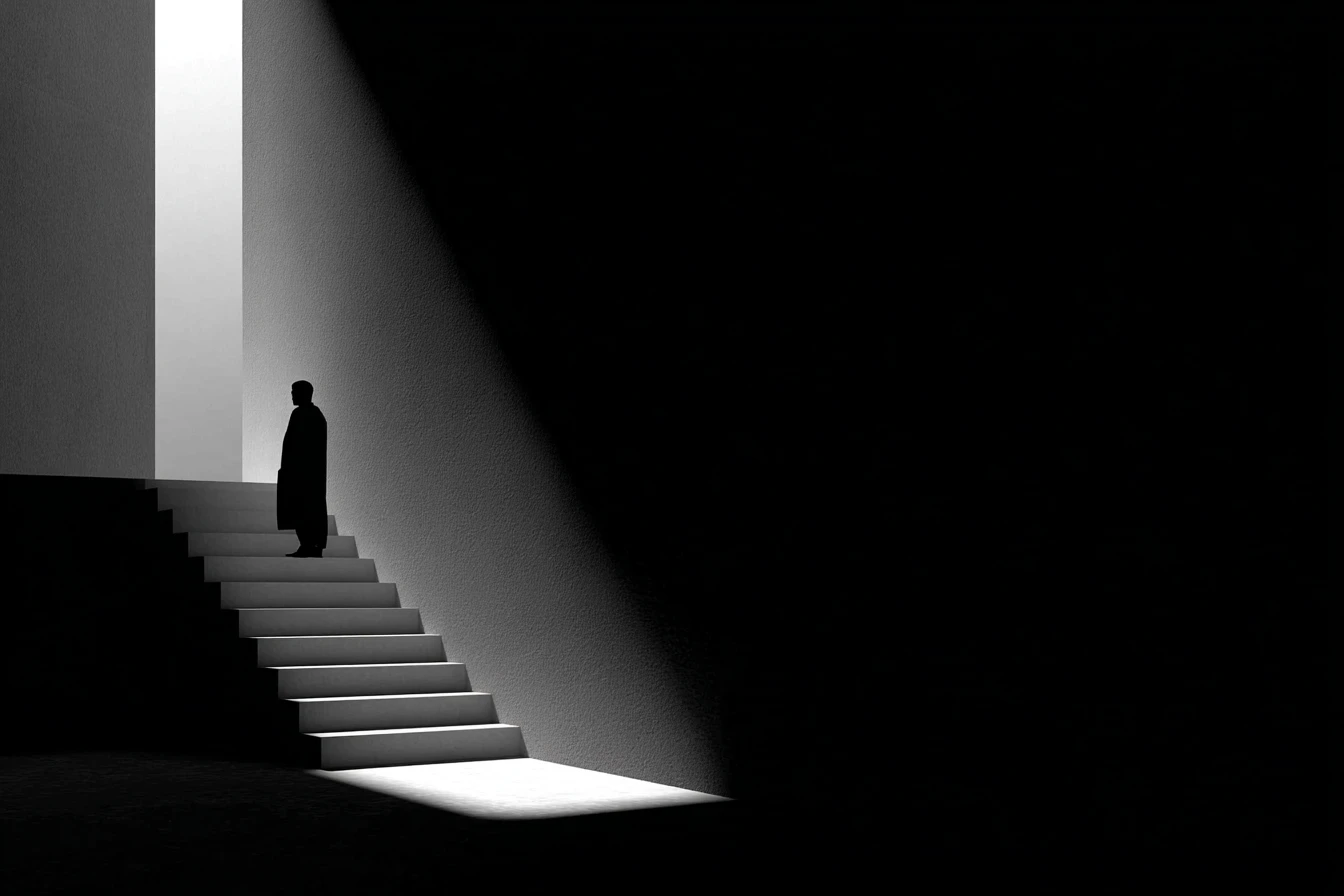 Three rounded ghost-like figurines with hollow eyes huddle in a dark corner beside a tall sliver of light.