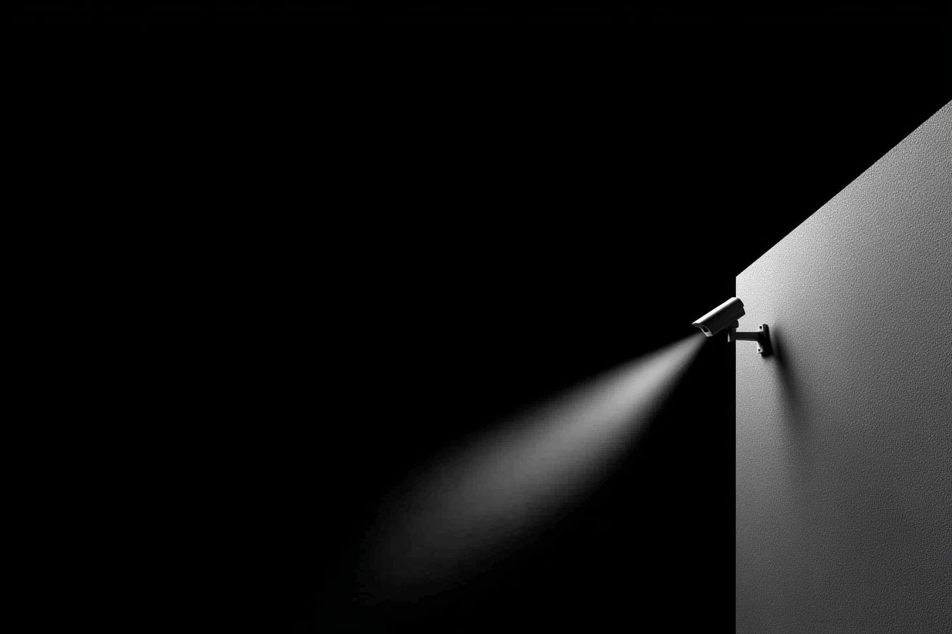 A security camera mounted on a wall corner casts a wide beam of light into a dark void.