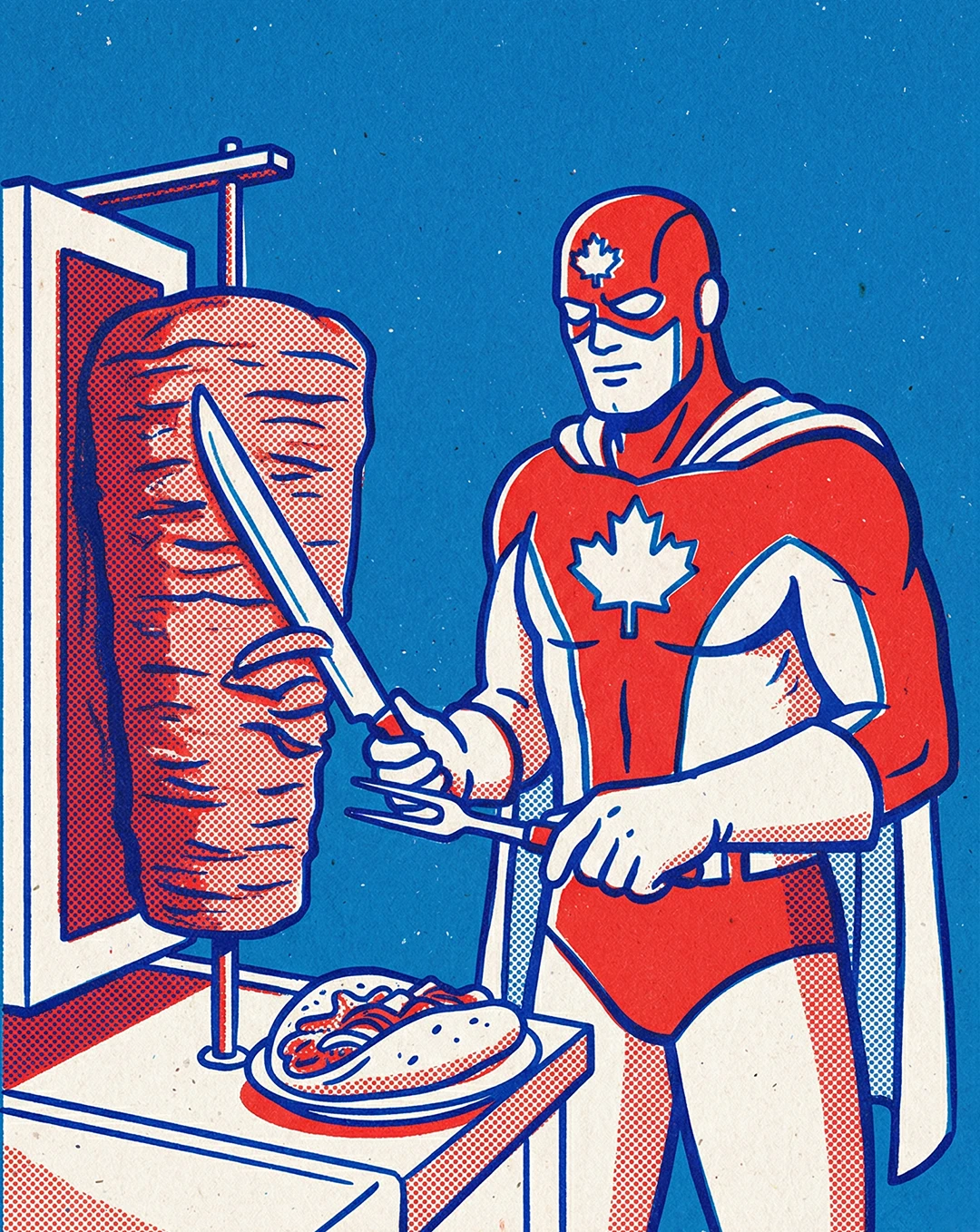 Retro pop art illustration of a superhero wearing a red and white costume with a maple leaf emblem slicing meat from a vertical döner kebab spit, rendered in red, blue, and cream with halftone dot patterns against a blue background