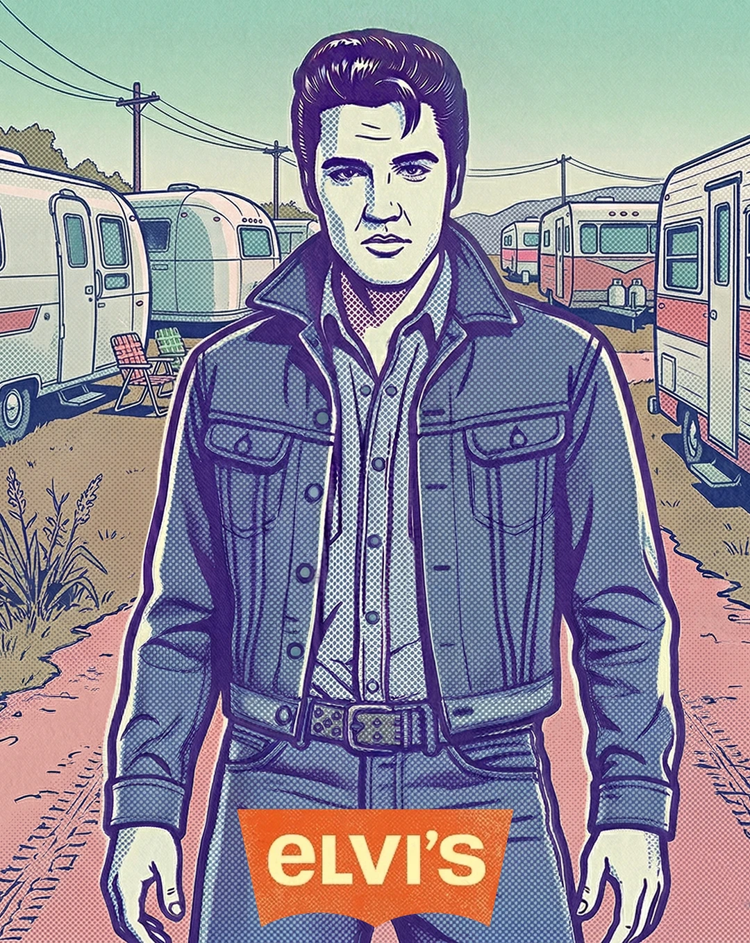 Vintage-style collage of Elvis Presley wearing a purple denim suit and red shirt standing among desert plants, cacti, and red flowers with geometric red shapes in the background and a red logo reading ELVI'S in the corner