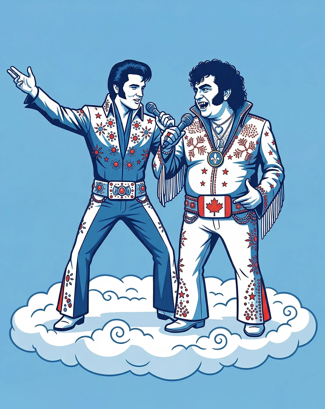 Illustration of Elvis Presley and Elvis Gratton standing together on a cloud wearing ornate jeweled jumpsuits, one with American stars and one with Canadian maple leaf symbols, sharing microphones in a duet pose, rendered in blue and white against a light blue background
