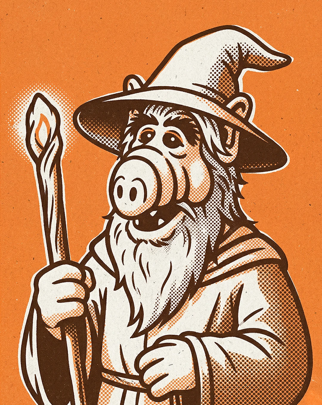 Cartoon illustration of ALF dressed as a wizard wearing a pointed hat and robes while holding a glowing staff, rendered in brown and cream with halftone dot shading against an orange textured background
