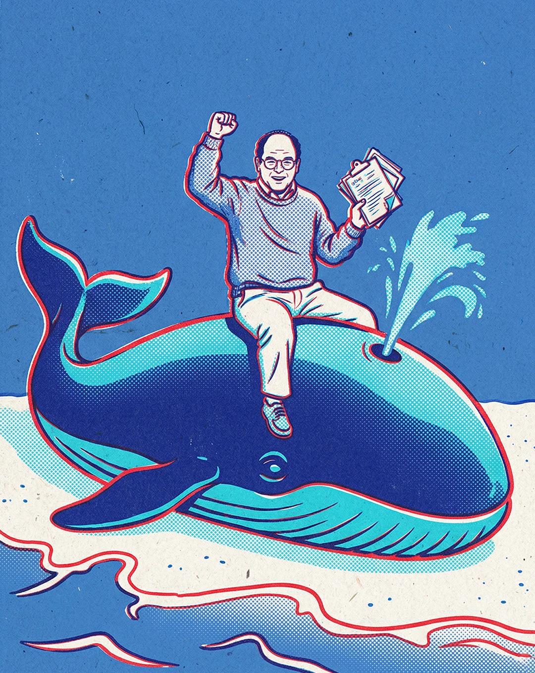 Retro illustration of George Costanza from Seinfeld riding triumphantly on a whale while holding a clipboard with one fist raised in victory, rendered in blue, turquoise, and red with halftone dot shading against a textured blue background