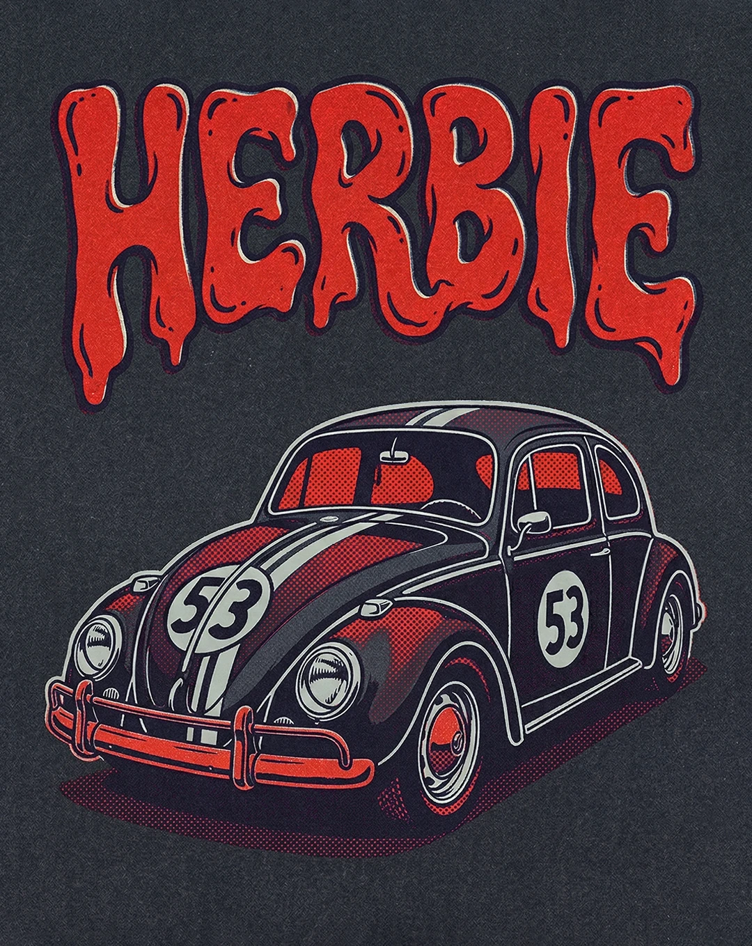 Dramatic photograph of a black Volkswagen Beetle race car with number 53 emerging from red and gray smoke against a dark background, with the word Herbie in red text above and a Volkswagen logo below