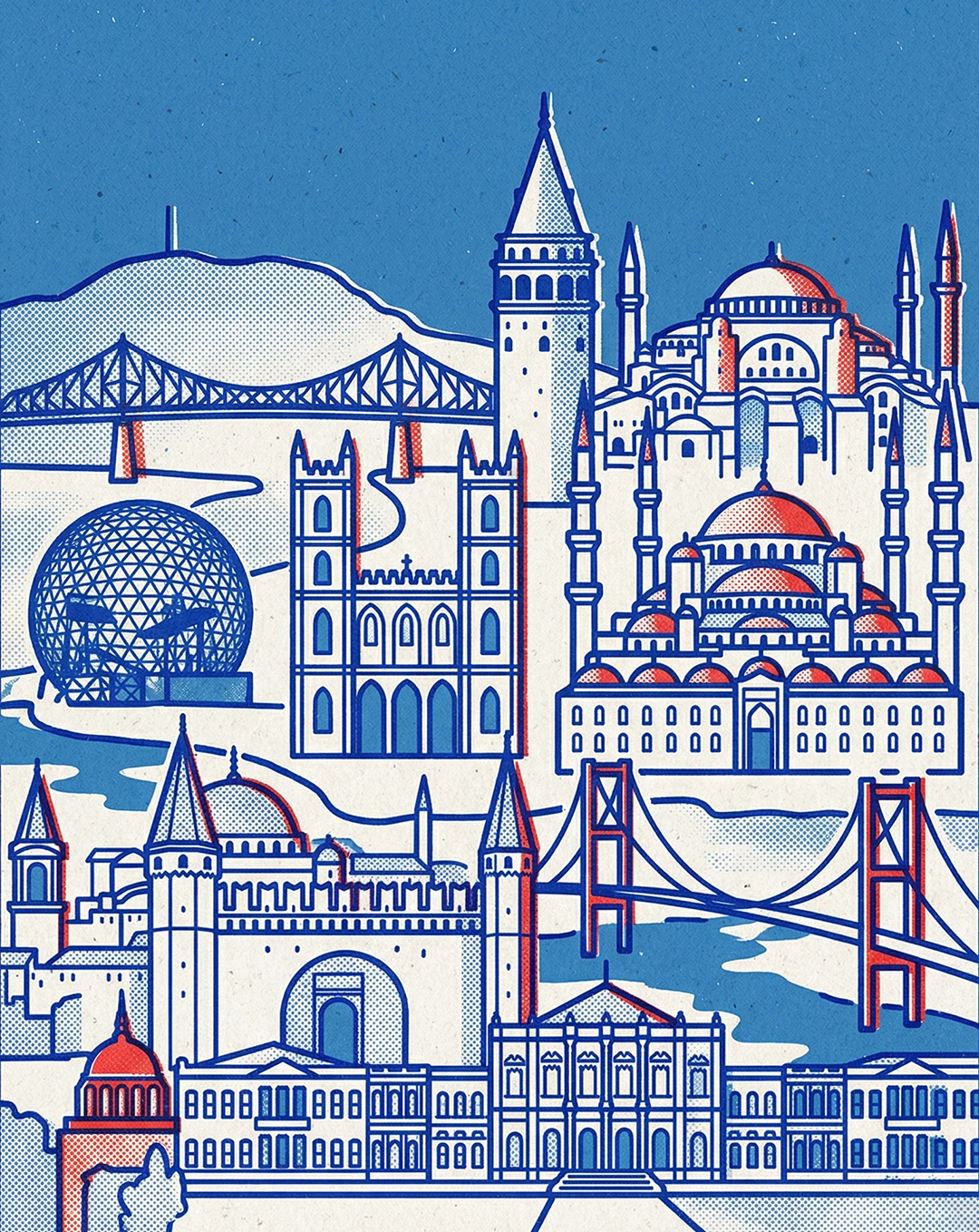Stylized illustration combining landmarks from Istanbul and Montreal including mosques, bridges, churches, and the Montreal Biosphere in a layered composition, rendered in blue and red with halftone dot shading against a textured blue background