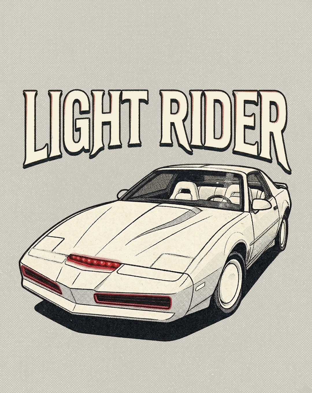 3D rendered illustration of a white Pontiac Trans Am sports car with glowing red scanner light on a reflective misty surface with the text LIGHT RIDER below, set against a soft gray gradient background