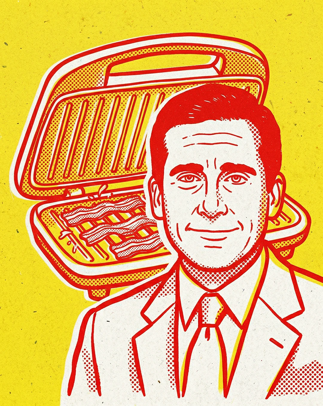 Retro illustration of Michael Scott from The Office in a suit with a George Foreman Grill attached to his head, rendered in red and white with halftone dot shading against a yellow textured background