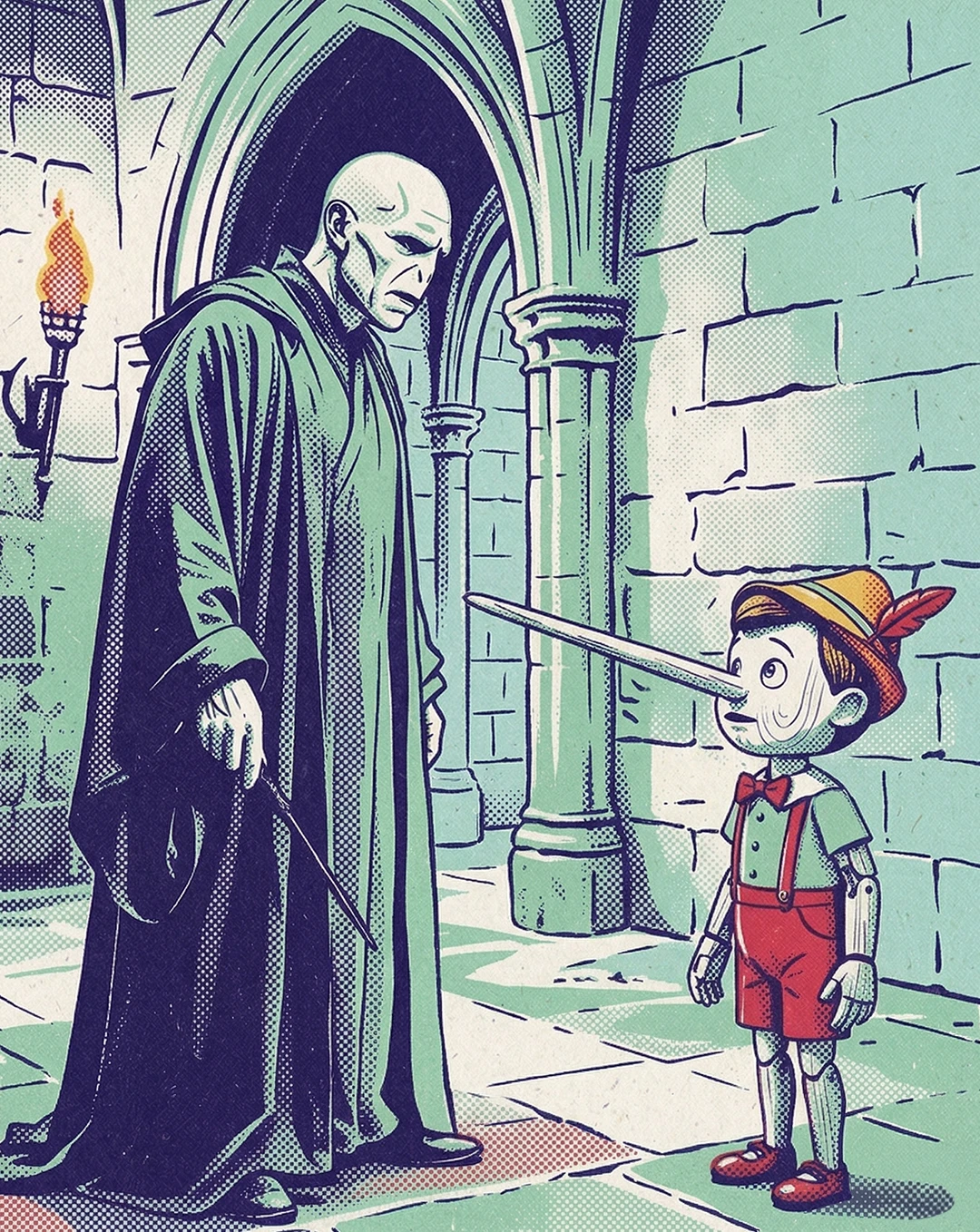 Digital illustration of Voldemort in black robes holding a wand standing next to Pinocchio with an elongated nose in a gothic Hogwarts castle corridor with stone arches, torchlight, and a Hogwarts house crest banner