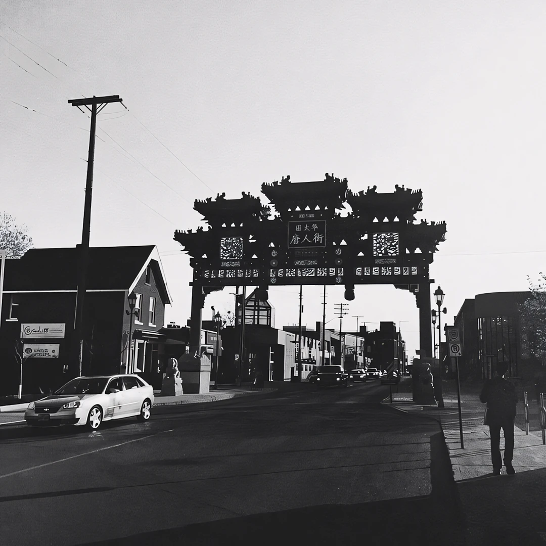 Black and white photo of a traditional Chinese gate spanning a street in Chinatown, a lone pedestrian walking beneath it