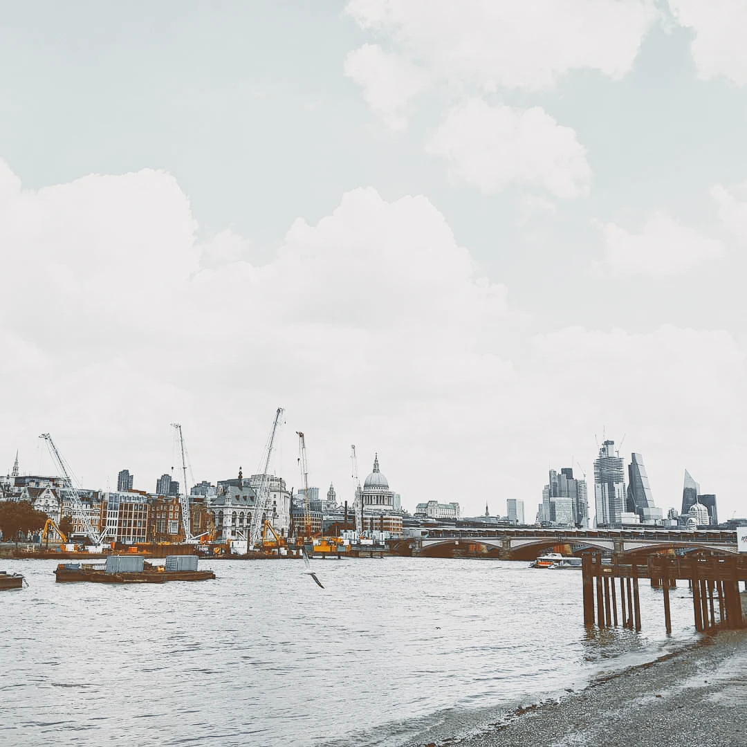 Wide view of the London skyline from the South Bank with St. Paul's Cathedral, cranes, and the City's towers under a pale cloudy sky