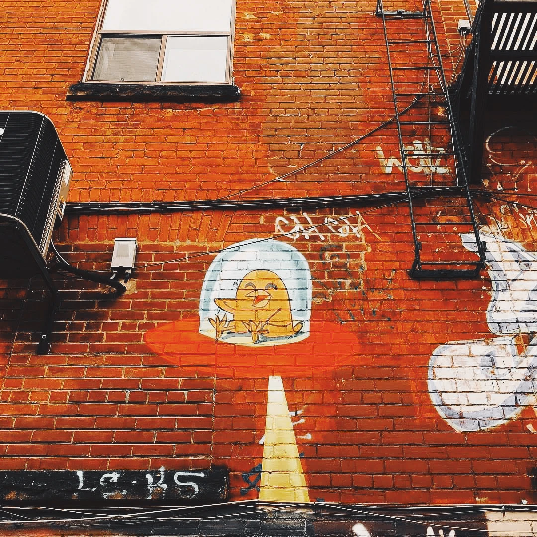 Street art of a golden bird trapped under a glass dome painted on a red brick wall in an alley with fire escapes