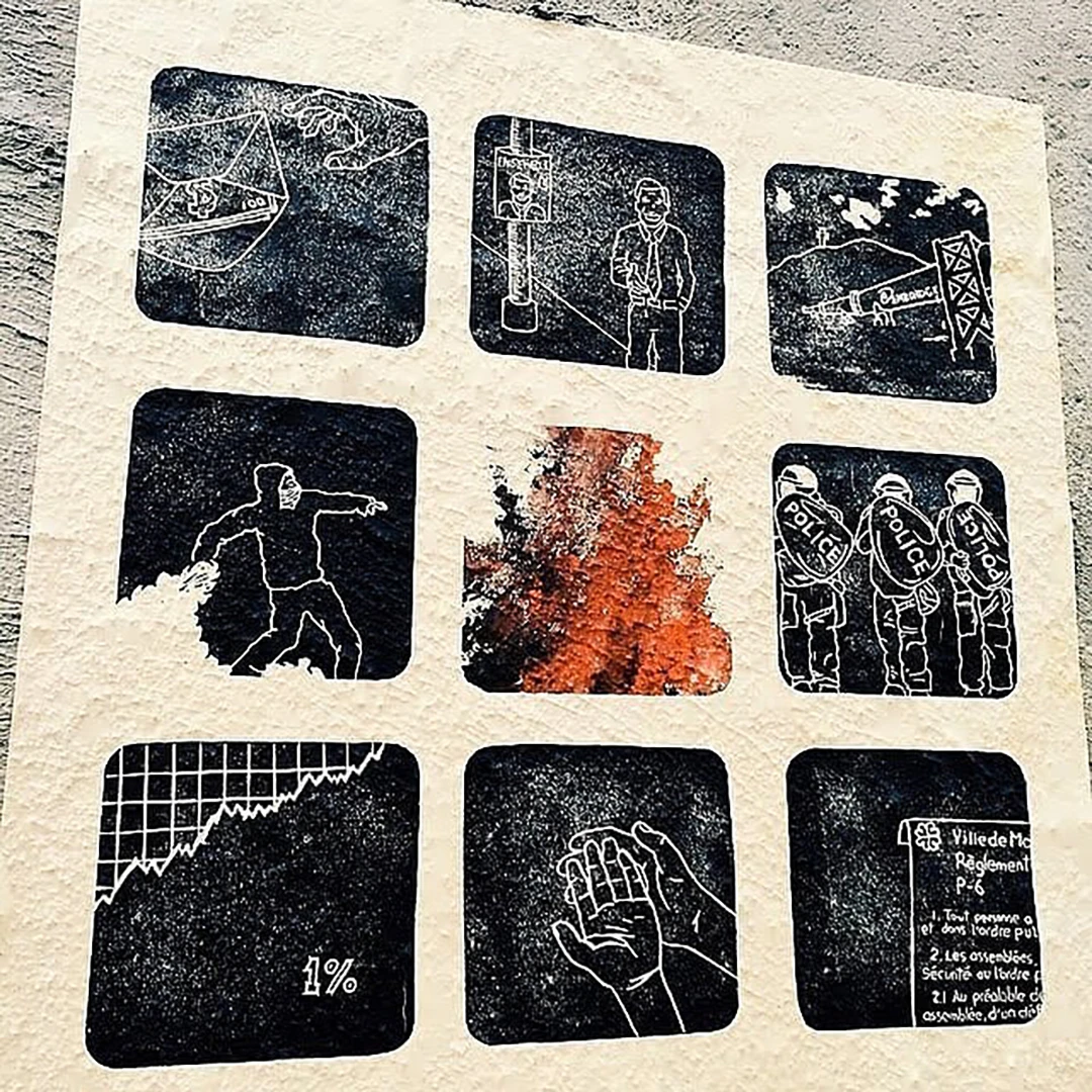 Screen-printed wall poster divided into nine panels depicting protest and climate change imagery