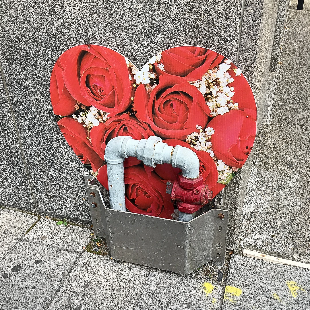 Street art of a large red rose heart painted on a wall above a city utility box with exposed pipes